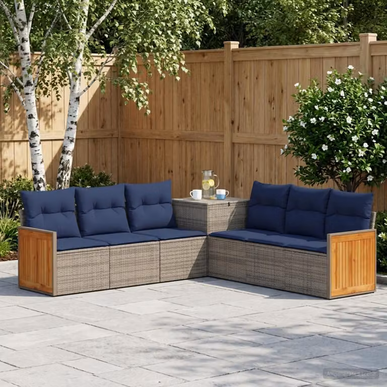 Set di divani da giardino vidaXL 7 pezzi in rattan sintetico e acciaio con cuscini grigio e blu navy