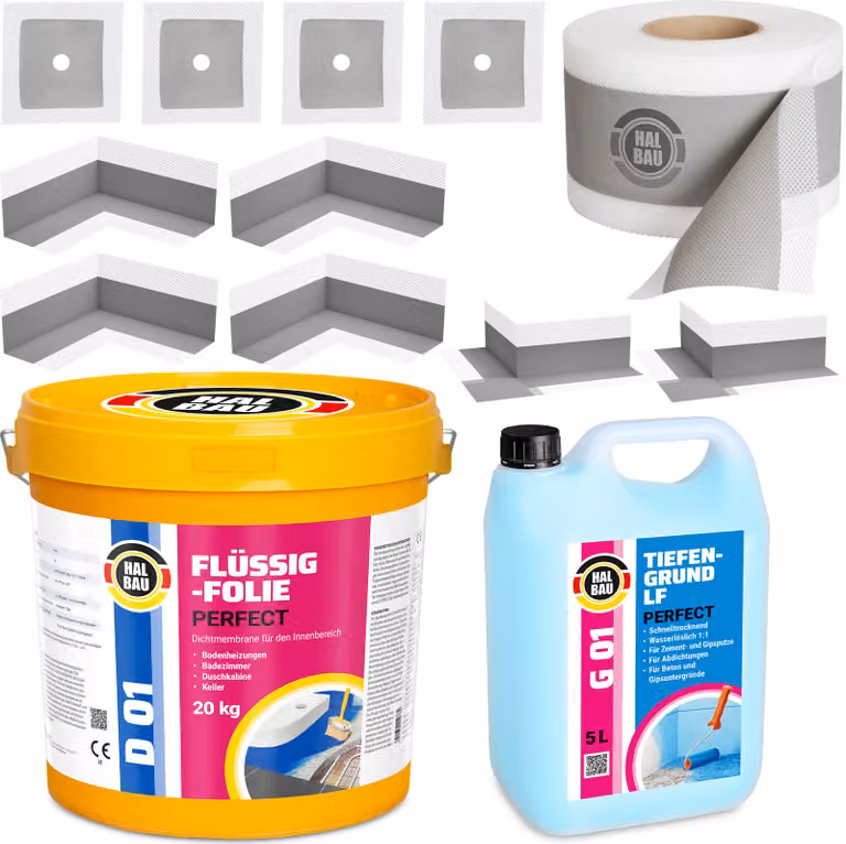 Kit di sigillatura liquido, 20 kg. Nastro sigillante, 20 metri. Primer per pavimenti e rivestimenti, adatto per docce e bagni, modello H39