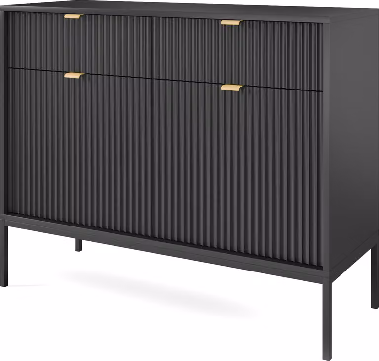 Comodino: 2 cassetti, 2 ante, colore nero, dimensioni 104 x 83 x 39 cm, maniglie dorate