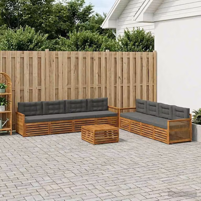 vidaXL Set di divani da esterno a L in legno di acacia con cuscini, colore beige e antracite