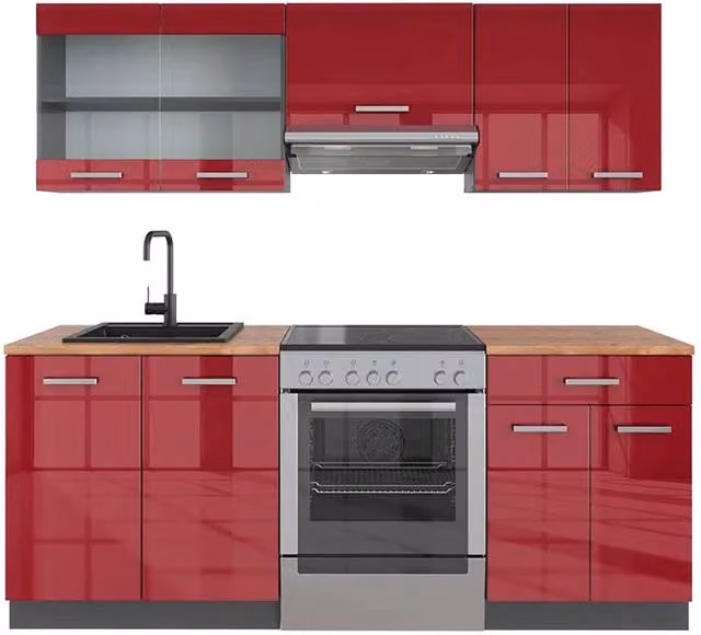 Cucina componibile moderna R-Line Vicco Rosso lucido e Antracite, L: 200 cm