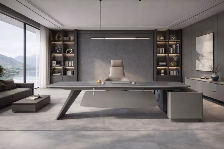 Scrivania da ufficio grigia, tavolo per studio, elegante scrivania angolare