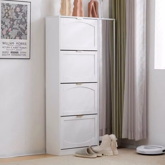 Scarpiera con specchio 80x24x147 cm; 4 vani estraibili; bianco