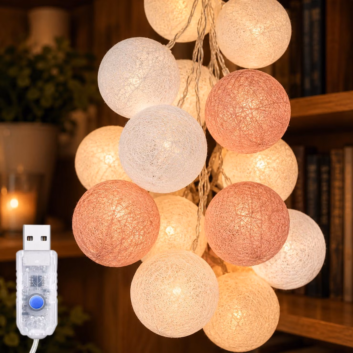 Catena luminosa USB con palline di cotone, lunghezza 3 metri, 20 LED, timer, luce bianco caldo