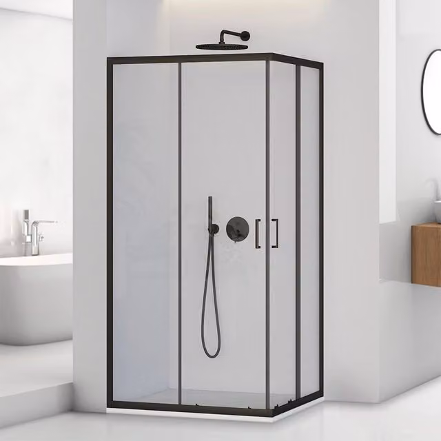 Box doccia angolare Tay in vetro temperato trasparente con profili neri e doppio sistema scorrevole L/P/H: 80 x 80 x 195 cm