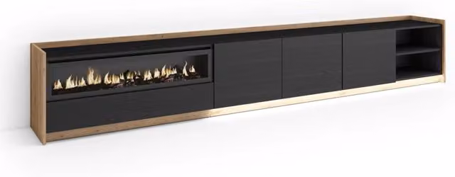 Mobile TV Soggiorno, 310x50x37 cm, Per TV fino a 80", Camino elettrico, LED, Nero e rovere