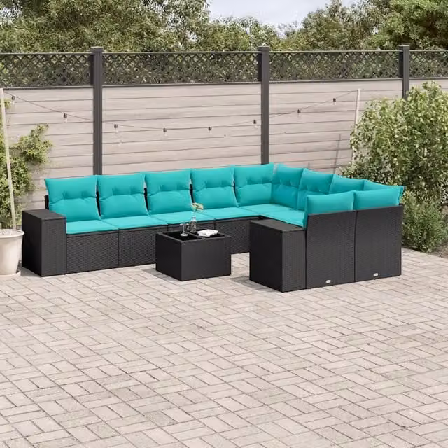 Set Divani da Giardino 10 pz con Cuscini Nero in Polyrattan 3223046