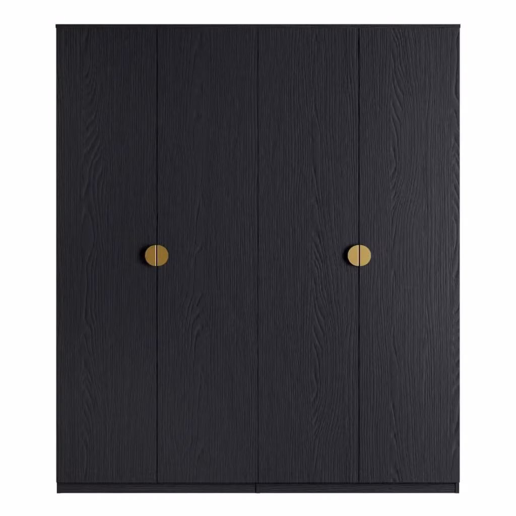 Set camera completa Meublorama Mondo in nero opaco e oro con letto contenitore 160x200 cm, armadio, cassettiera e 2 comodini – 2