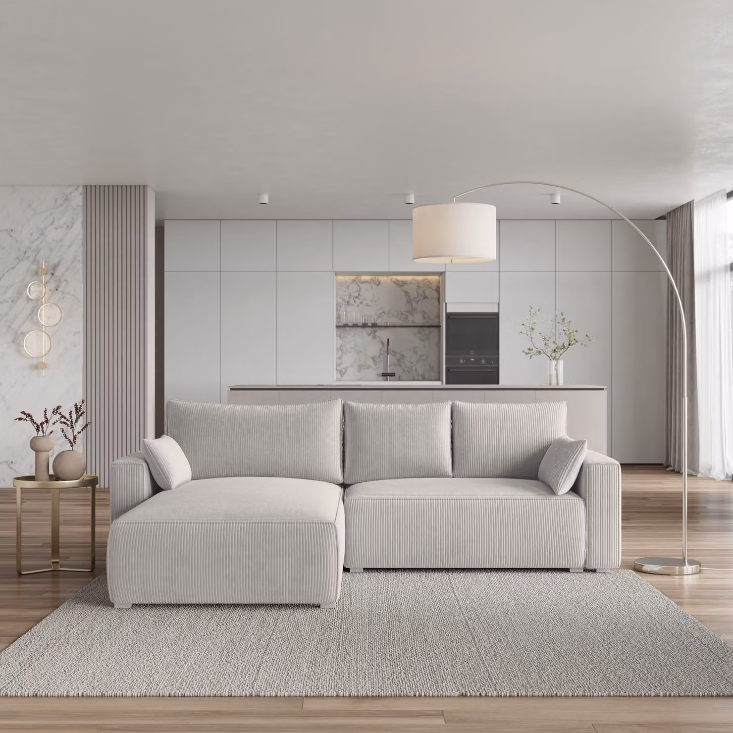 Divano angolare Masseno FORIL P con funzione letto a L, divano con box letto, divano da soggiorno, divano, divano, divano letto, set di divani - crema, POSO 100