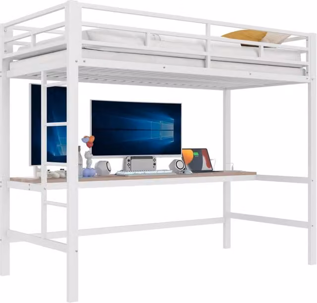 Letto a castello REDOM per bambini in metallo e MDF bianco e multicolore con scrivania, scala e illuminazione sottostante, L/P/H: 90 x 200 cm