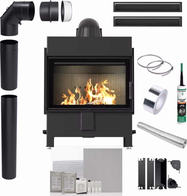 Inserto camino ad aria KRATKI LUCY 14 kW Ø200 BLACK ECO Kit di installazione