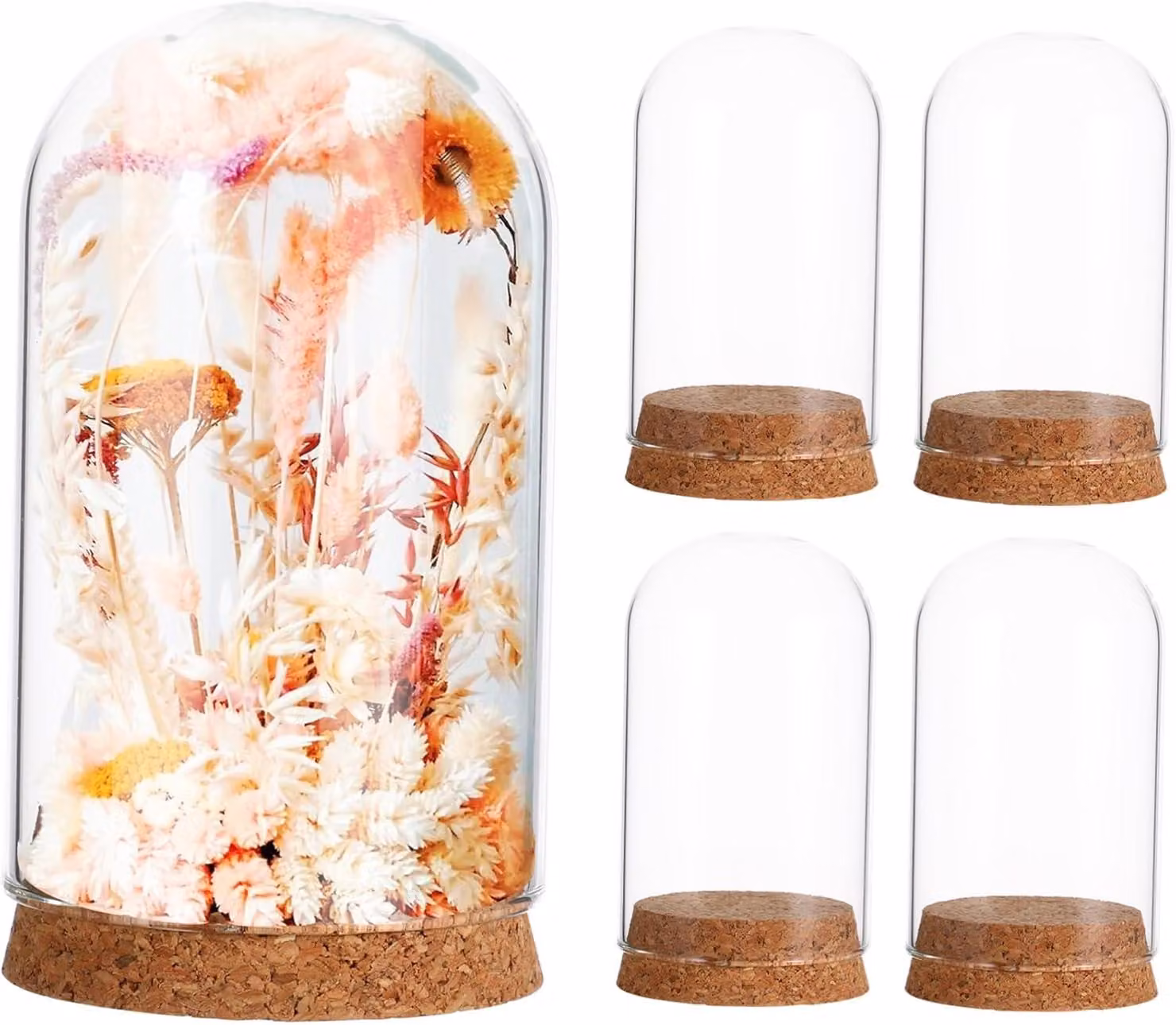 Coperchio in vetro decorativo su base in sughero, set da 5 pezzi, bianco