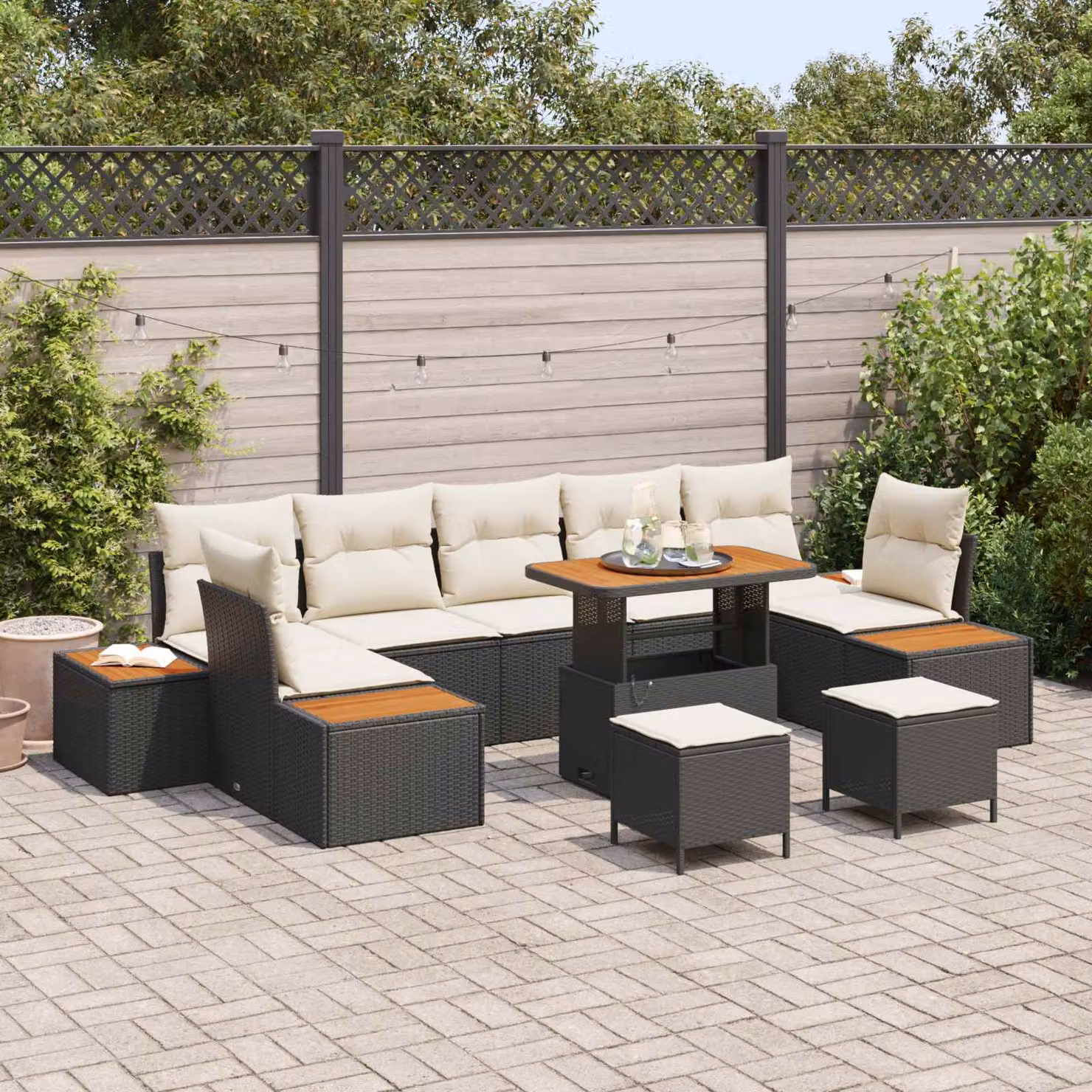 Set Divano da Giardino vidaXL 10 Pezzi con Cuscini Nero e Beige in Acciaio Verniciato a Polvere – 1