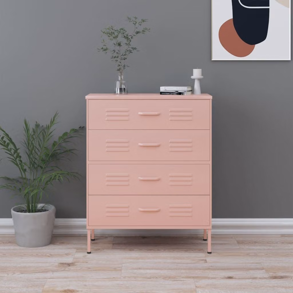 The Living Store Cassettiera Rosa 80x35x101,5 cm Acciaio