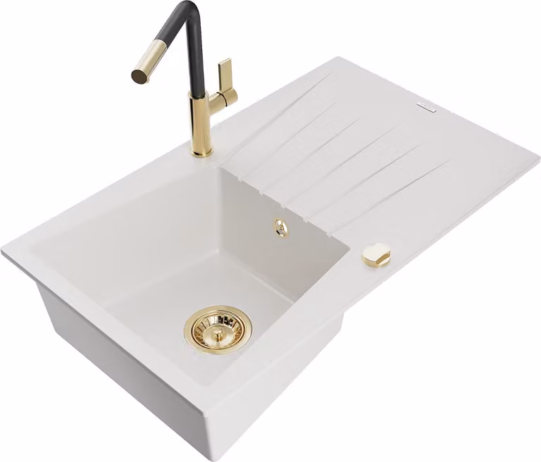 Mexen Cesar lavello da cucina in granito a 1 vasca con gocciolatoio e rubinetto da cucina Flora, bianco - 6514-20-670401-57-G