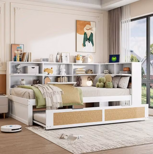 Letto divano 90x200 cm con letto estraibile e prese di ricarica in legno bianco