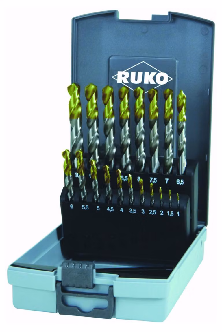 Set di punte elicoidali RUKO DIN 338 tipo N, HSS-G con rivestimento della punta TiN in valigetta di plastica - 19 pezzi - 2501214TRO