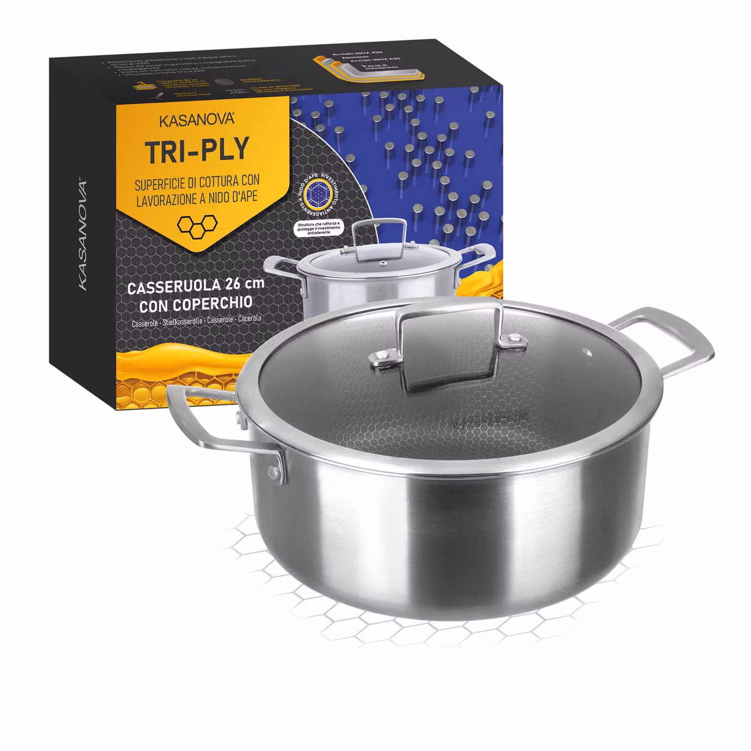 Casseruola Kasanova in acciaio inox e alluminio con coperchio in vetro, diametro: 26 cm, colore argento – 2