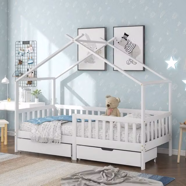 Letto a casetta per bambini con 2 cassetti, legno massello, recinzione e rete a doghe, protezione anticaduta - Bianco 200x90 cm