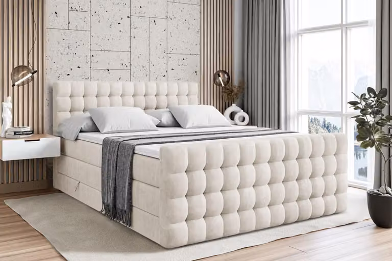Letto boxspring ALTDECOR con materasso e rete a doghe - VIONE -Z KING - 200x200 cm - Velluto beige - Coprimaterasso, testiera, letto imbottito con contenitore, letto con vano portaoggetti H3 e H4 - Materasso, letto matrimoniale, letto boxspring