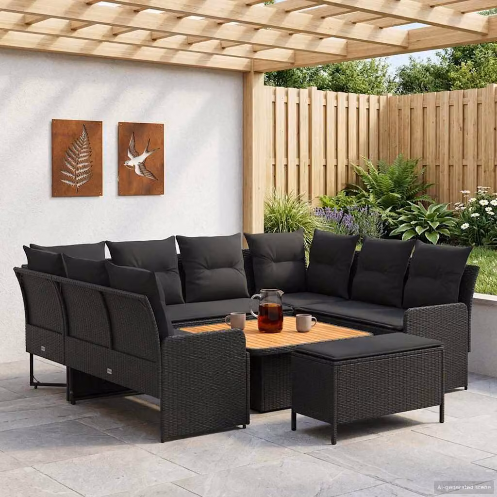 Set di mobili da giardino vidaXL 7 pezzi in rattan PE nero con cuscini e struttura in acciaio e legno di acacia
