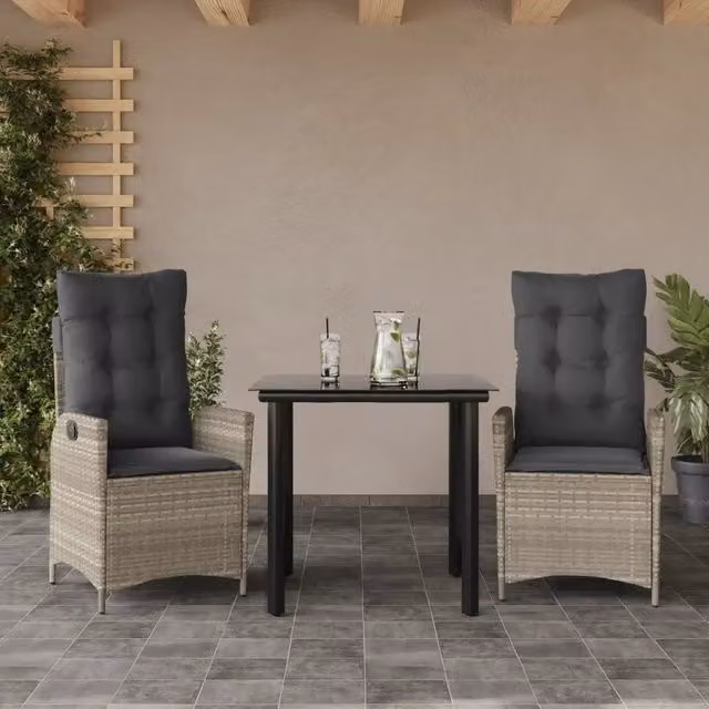 Set Pranzo da Giardino 3 Pezzi vidaXL in Polyrattan con Piano in Vetro e Cuscini Grigio Antracite – 1