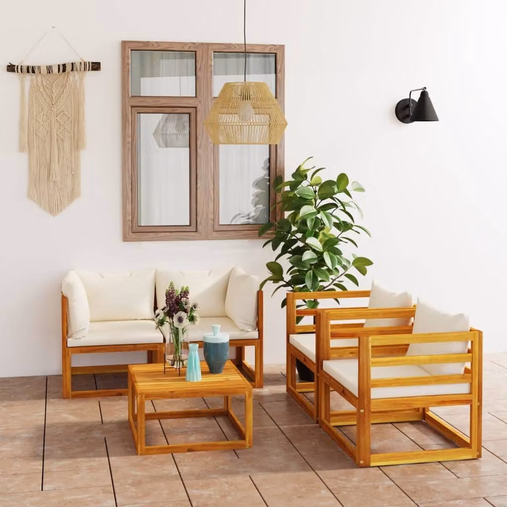 The Living Store Set da giardino 5 pezzi con cuscini in legno massiccio di acacia color crema