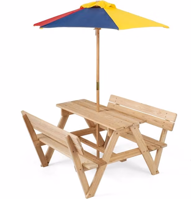 Set tavolo e panche da picnic per bambini in legno di abete multicolore con ombrellone regolabile in altezza per giardino e cameretta