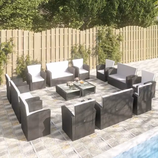Set di divani da giardino vidaXL 16 pezzi con cuscini in polyrattan nero e struttura in metallo per esterno – 1