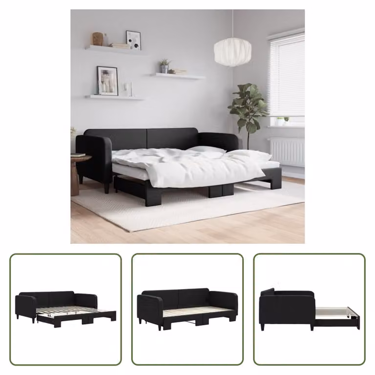 The Living Store letto da giorno allungabile nero 100x200 cm in tessuto