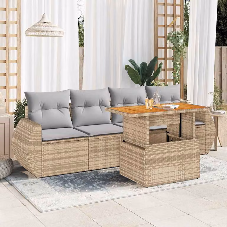 Set Divano da Giardino vidaXL 5 pz in Polyrattan con Cuscini Beige e Tavolino, Design Moderno a L per Terrazza e Giardino