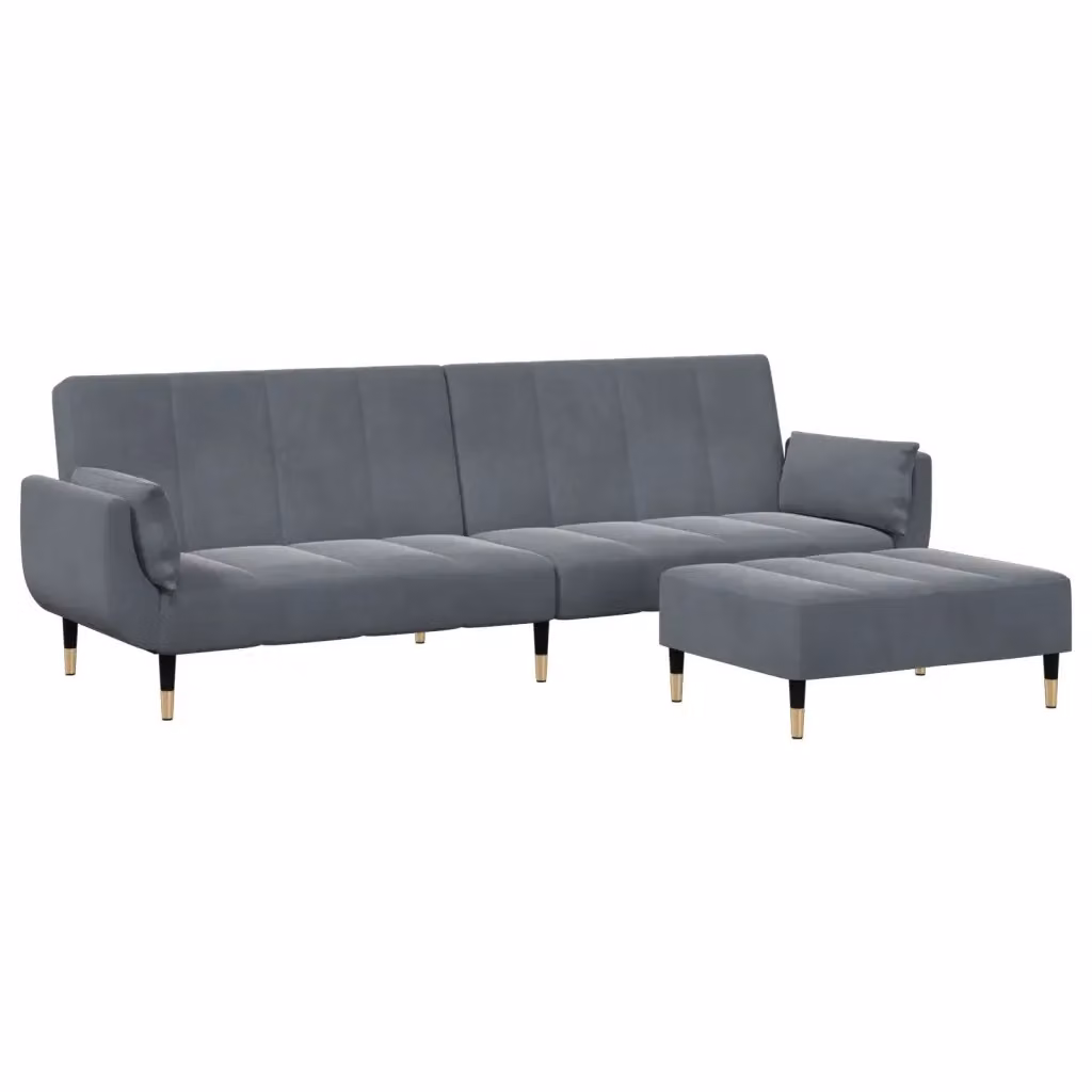 vidaXL Divano Letto Click-Clack 2 Posti in Velluto Grigio con Poggiapiedi e Cuscini – 2