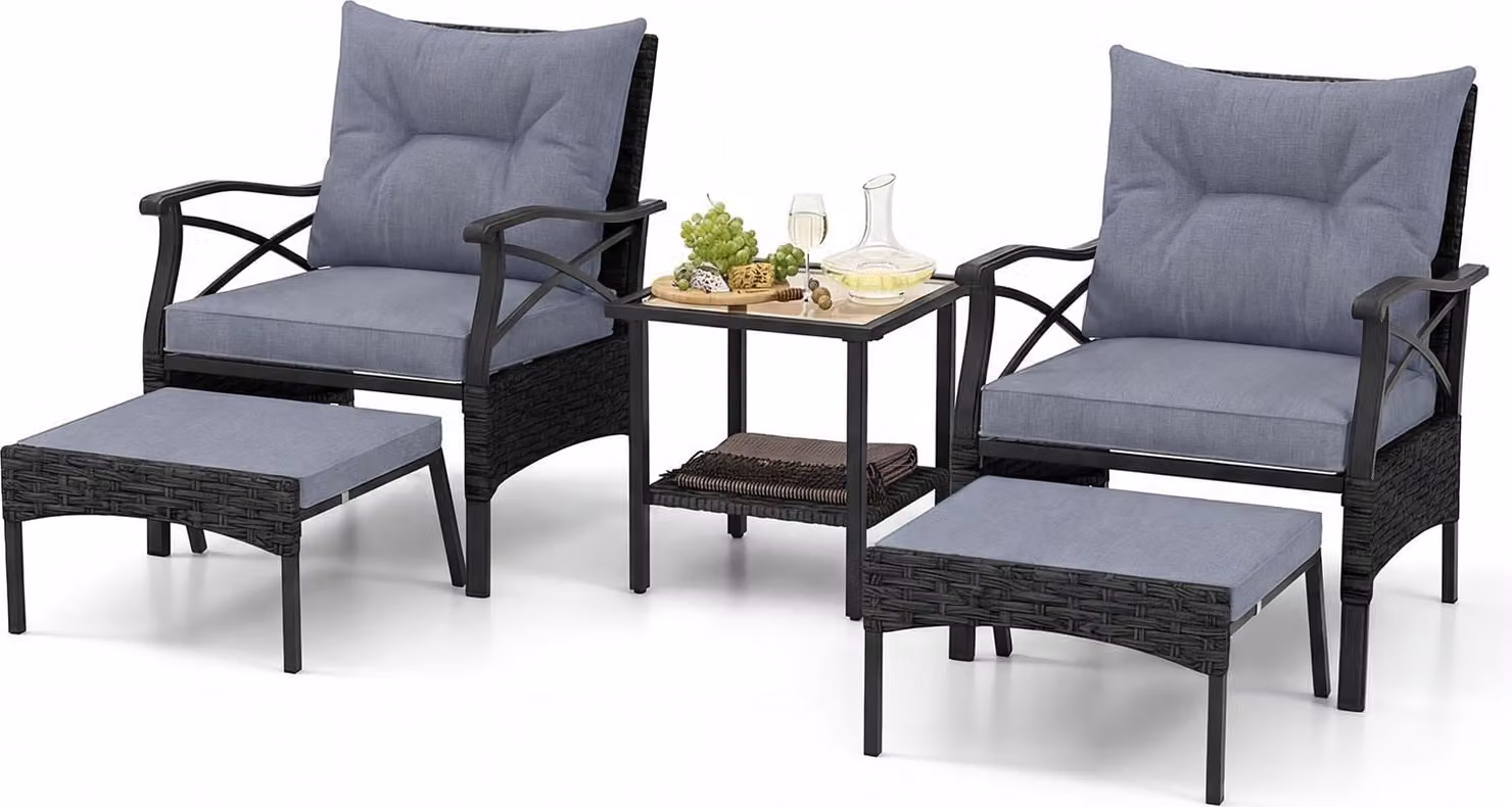 Set di mobili da giardino in polyrattan COSTWAY, 5 pezzi. Set da balcone con tavolo, sgabello e 2 sedie con cuscini, mobili da terrazza Set da giardino Nero Grigio