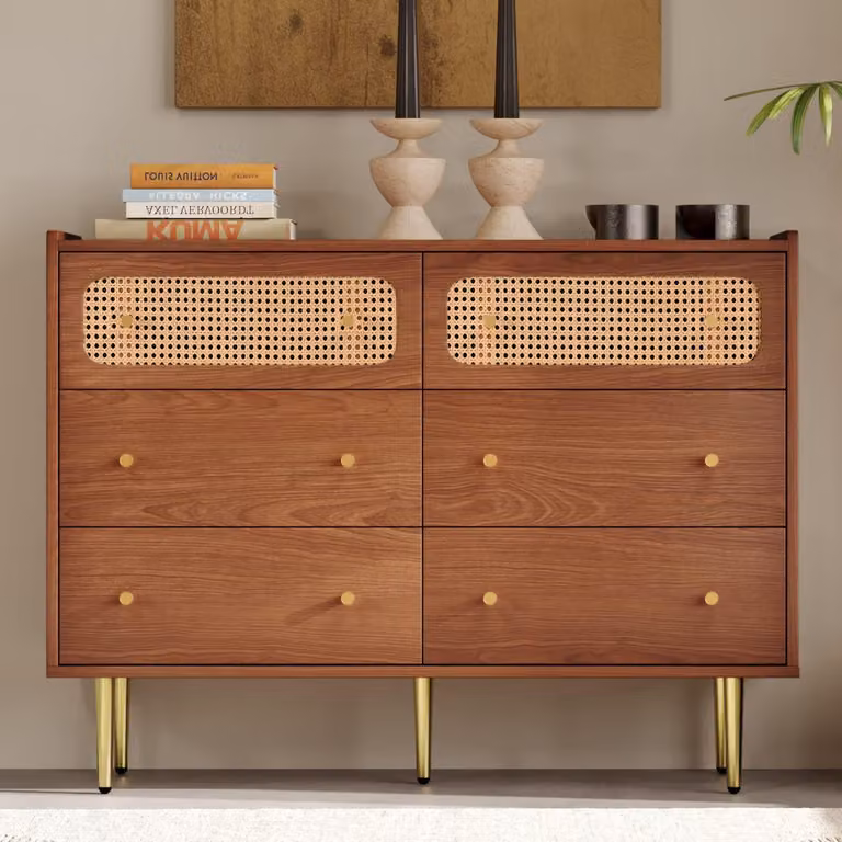 Comodino con 6 cassetti, mobile contenitore in rattan, finitura effetto noce, dimensioni 120x40x90 cm