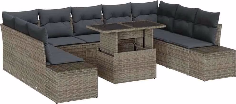 Set Divano da Giardino 10 pcs Grigio Poly Rattan
