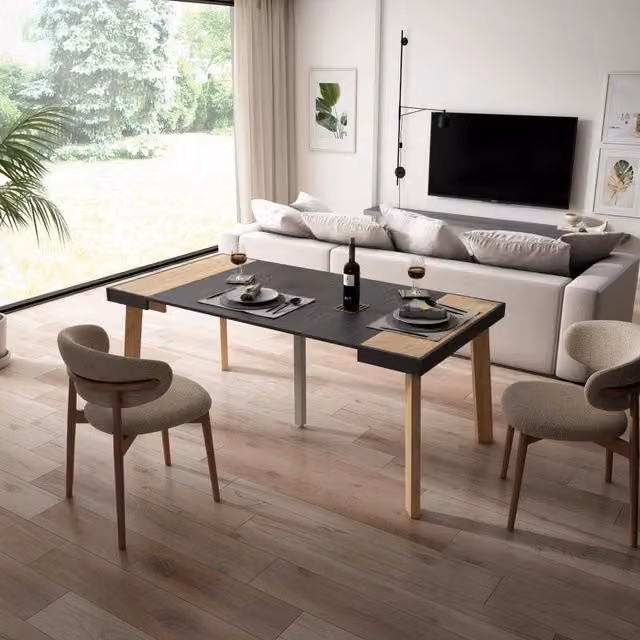 Consolle allungabile, 180x90x73cm, Per 8 persone, Gambe in legno, colore Rovere e nero RF3010