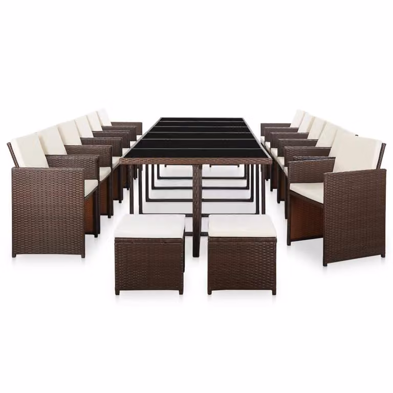 Set da Pranzo da Giardino 17 pz con Cuscini Polyrattan Marrone