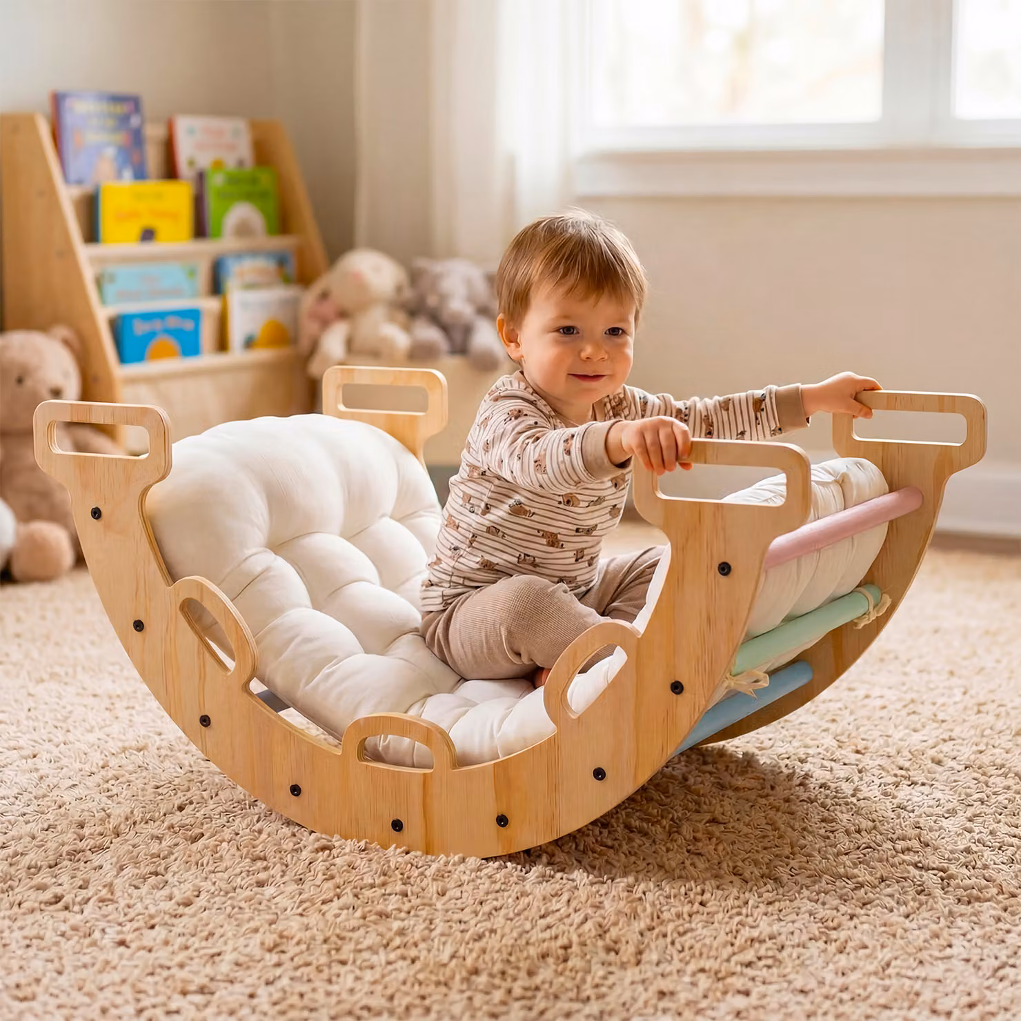 Arco da arrampicata Costway per bambini in legno massello con cuscino morbido e 10 maniglie, Multicolore