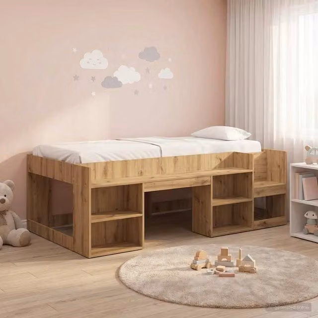 Letto singolo rialzato per bambini vidaXL in legno color rovere e marrone con scomparti laterali L/P/H: 200 x 120 x 165 cm – 1