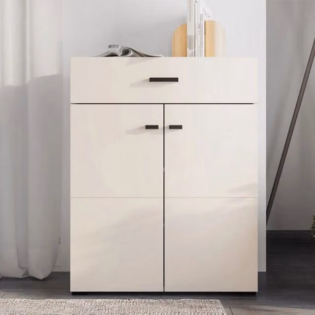 Mobile da ingresso DMORA Torrice con cassetto e ante a battente, Bianco e Beige, L: 77 cm, P: 35 cm, H: 98 cm – 1