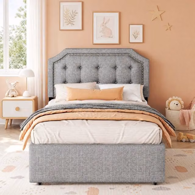 Letto singolo imbottito ULEVR 90x200 cm con 2 cassetti, testiera regolabile e rivestimento grigio
