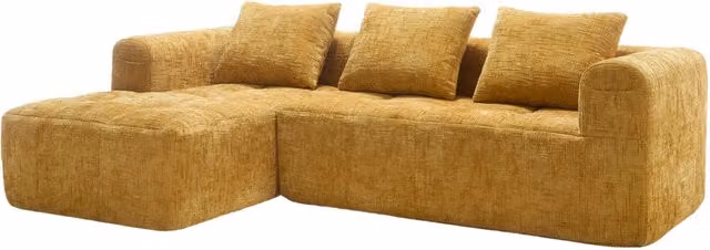 Divano angolare 3 posti in chenille giallo con chaise longue, 250x158x60 cm, senza installazione