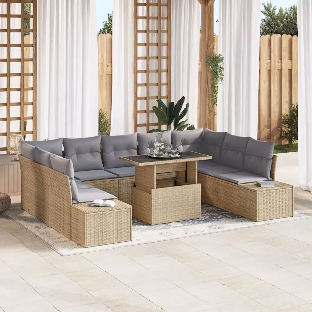 Set Divano da Giardino vidaXL 10 Pezzi in Polyrattan Beige con Cuscini e Tavolino da Caffè – 1