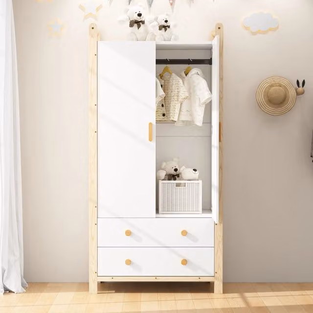 Armadio REDOM a 2 ante con cassetti interni e asta appendiabiti, bianco e pino, L 90 cm x P 45 cm x H 180 cm