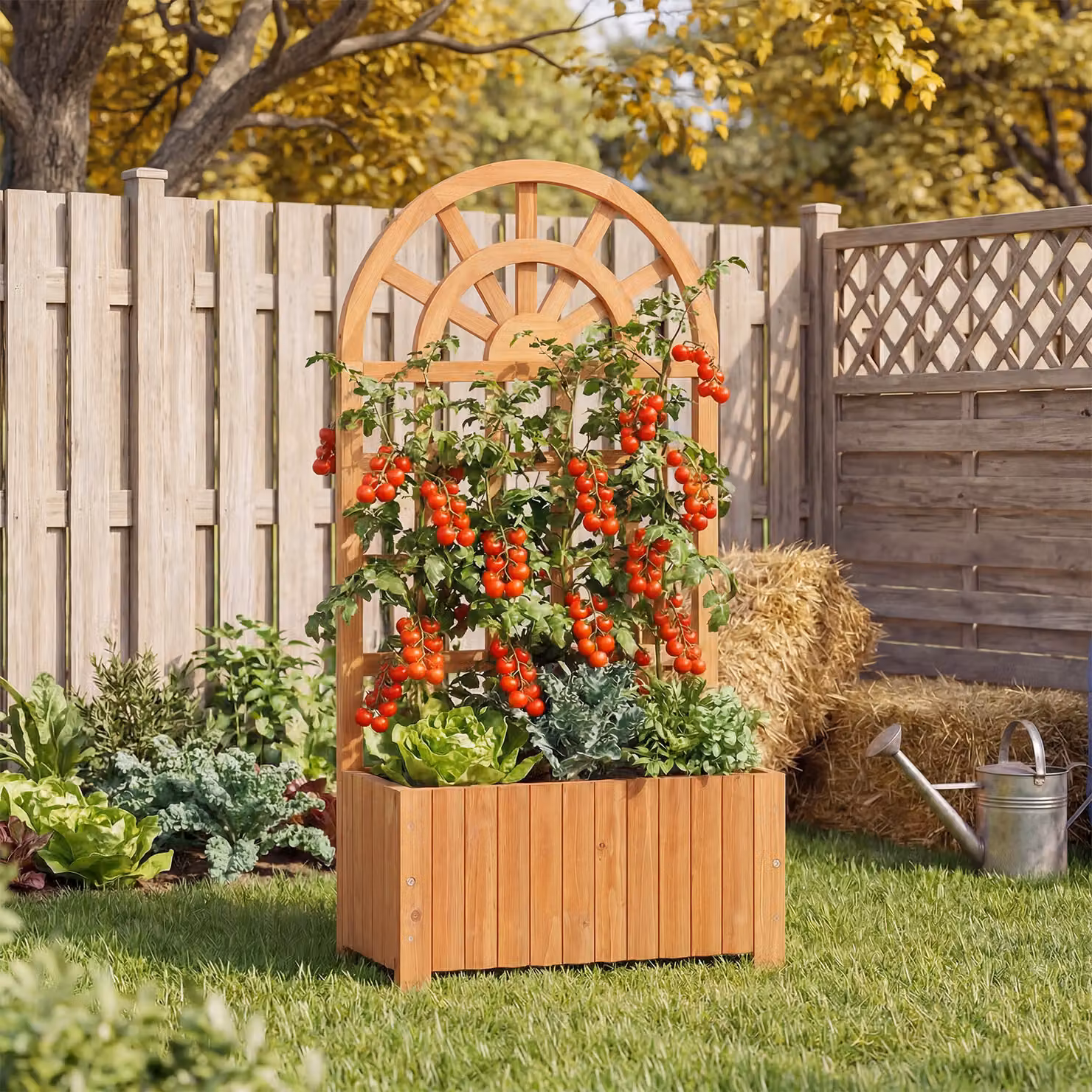Letto da giardino rialzato in legno con traliccio per piante rampicanti Costway, Vaso da esterno marrone per fiori, verdure ed erbe aromatiche
