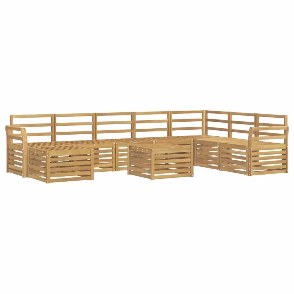 Set di divani da esterno vidaXL in legno di acacia massello con cuscini bianchi e marroni, composizione a L con tavolino e pouf, 9 pezzi – 2