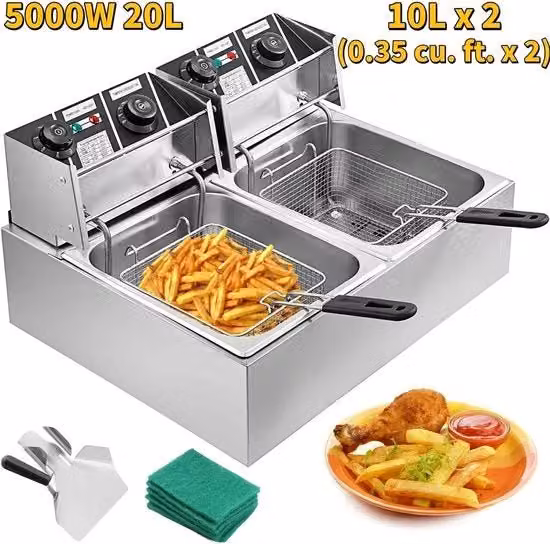 elektrische friteuse - Dubbele frituurpan - 2x 6L - Dubbele tanks van roestvrij staal - Grote frituurpan
