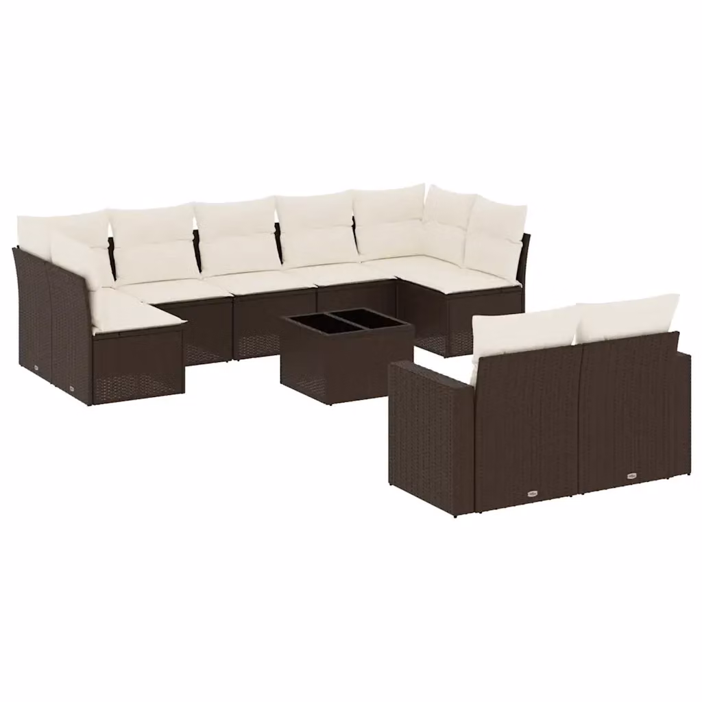 Set di divani da giardino vidaXL in polyrattan marrone con cuscini bianchi e tavolino da esterno a forma di U – 2
