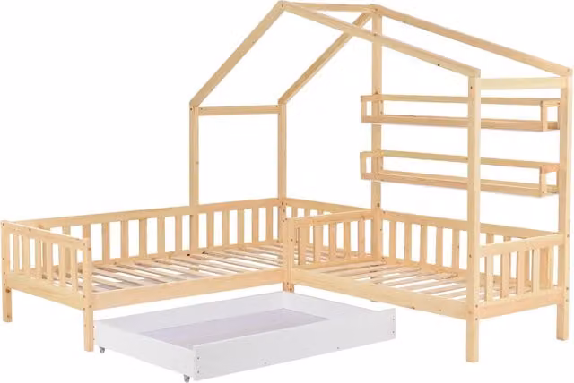 Letto Casetta per Bambini in Legno di Pino Naturale con Cassetto e Mensole L/P/H: 90 x 200 x 183 cm