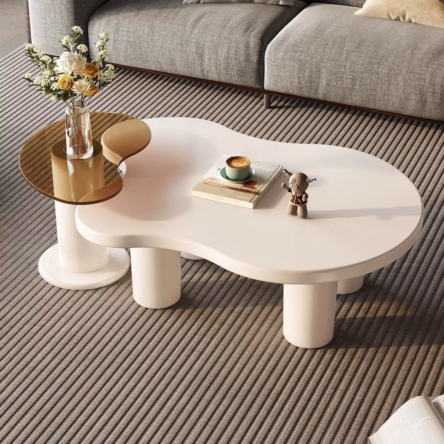 Set di tavolini da caffè impilabili, 2 pezzi, color crema, forma a nuvola